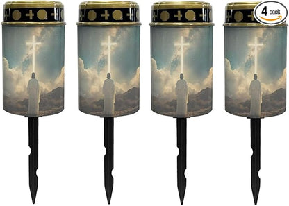 Poceacles 4 Pack Cross Solar Lights Waterproof Solar Garden Lights Cemetery Solar Outdoor Lights Outdoor Stake Automatic Solar Lantern for Cemetery Grave Decoration, God Cross Galaxy Blue