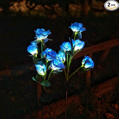 Decorman Solar Garden Rose Lights - 2 Pack Realistic Outdoor Flower Lights, Waterproof LED Stake Landscape Decorative for Garden, Lawn, Yard, Pathway, Patio, Backyard (Blue, 10 Roses)