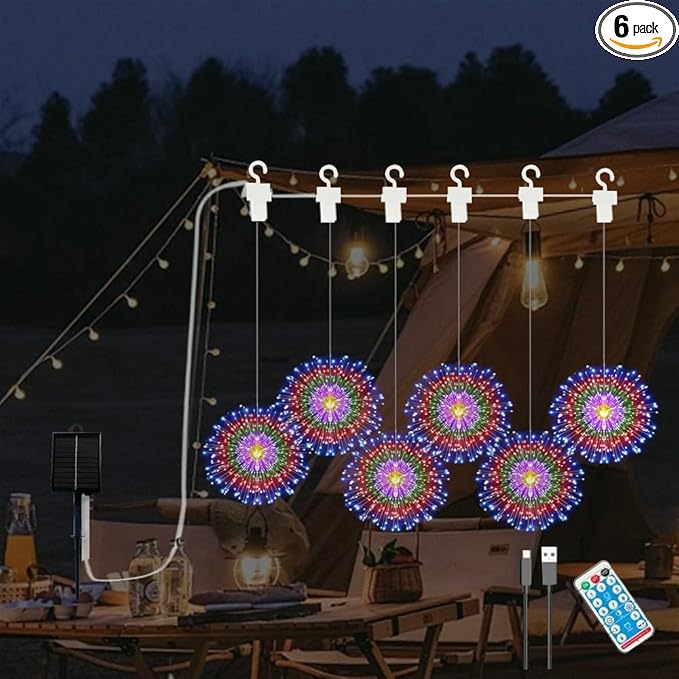 6 Pack LED Outdoor Solar Colorful Gradient Fireworks Lights with Remote Control, Waterproof Solar&USB Powered Courtyard Atmosphere Decorative Lights,8 Modes DIY Path Light.