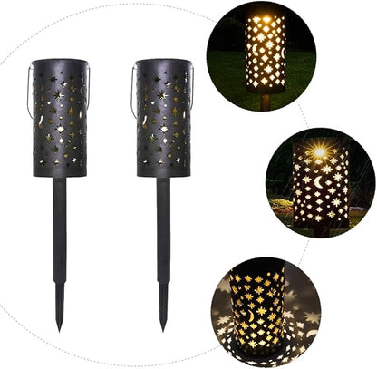 Zerodeko Solar Wrought Iron Lawn Plug Lights 2pcs, Hollow Star and Moon Landscape Garden Path Lights, Solar Powered Waterproof Outdoor Decorative Projection Lamps for Patio Yard
