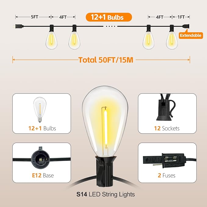 50FT Outdoor String Lights for Outside Patio Lights with 12+1 Shatterproof S14 E12 LED Bulb, 2700K Outside Hanging Light Waterproof for Parties Porch Garden Fences Backyard