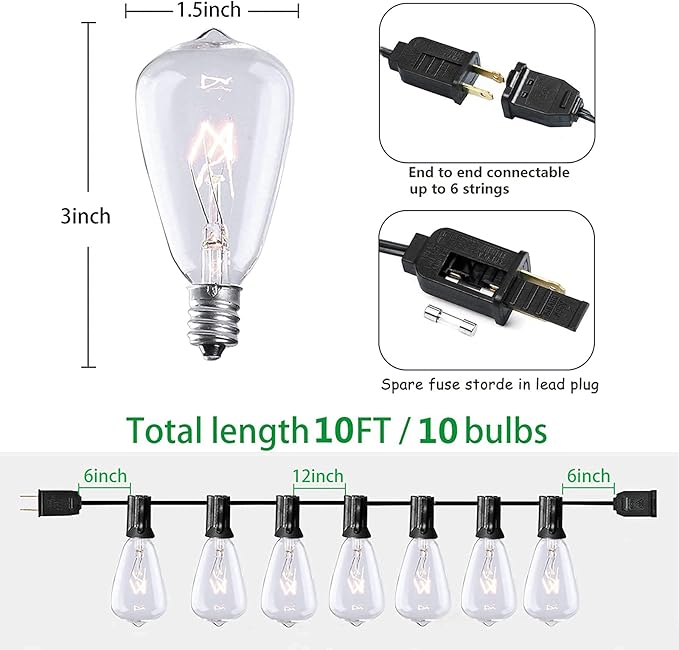 SUNSGNE 10Ft Outdoor Patio String Lights with 10 Clear Edison Bulbs & 10 Pack Edison Replacement Light Bulbs, 7 | Lumora