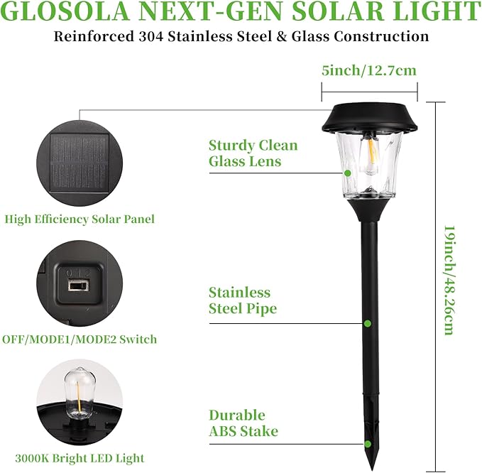 Solar Lights Outdoor Waterproof, Glass & Stainless Steel LED Stake Lamps, Dimmable 12/25 Lumens IP65, Auto On/Off Solar Powered Lighting for Patio, Sidewalk, Front Yard, Walkway (4 Pack Warm White)