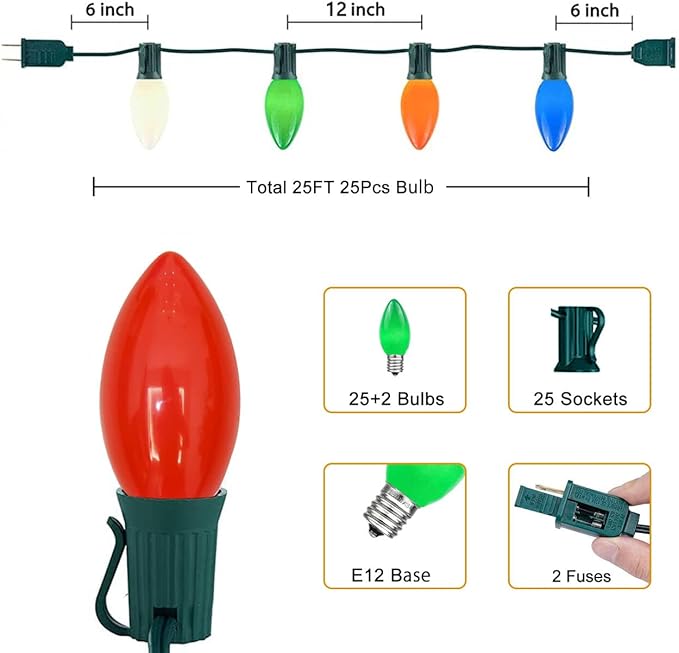 25FT C7 Multicolor Christmas Lights Outdoor, Waterproof LED String Lights with 25 Bulbs for Roof, Fence Patio Xmas | Lumora