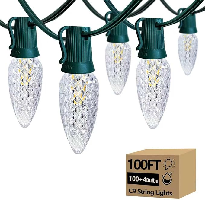 C9 Christmas String Lights, 100 Feet Waterproof Connectable Green Wire Fairy Lights, Christmas Lights for Indoor Outdoor Home Yard Roof Xmas Tree House Decorations, 100+4 Bulbs, Warm White