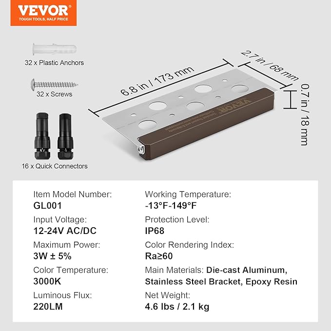 VEVOR LED Hardscape Lighting, 6.8 Inch Retaining Wall Lights, 3W 12V-24V AC/DC Low Voltage Paver Light, IP68 | Lumora