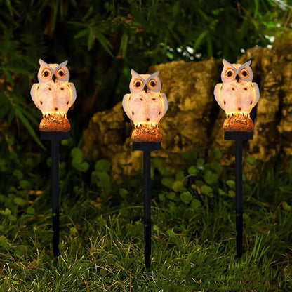 Owl Solar Garden Stake Lights, 2 Pack Owl Outdoor Path Solar Powered Owl Stake Lights for Walkway Yard Lawn Landscape Lighting (White&Brown)