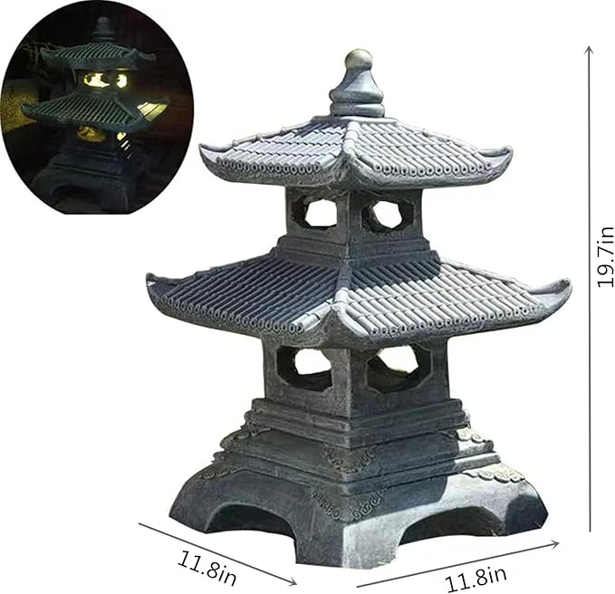 Outdoor Solar Pagoda Lantern,2 Tier Pagoda Lantern Garden Statue,Zen Garden Lantern Pagoda,Pagoda Lantern Japanese Style. for Zen Lawn Garden Decoration and Christmas Ornament (Solar Lights)