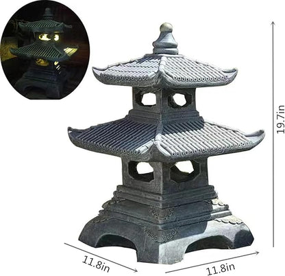 Outdoor Solar Pagoda Lantern,2 Tier Pagoda Lantern Garden Statue,Zen Garden Lantern Pagoda,Pagoda Lantern Japanese Style. for Zen Lawn Garden Decoration and Christmas Ornament (Solar Lights)