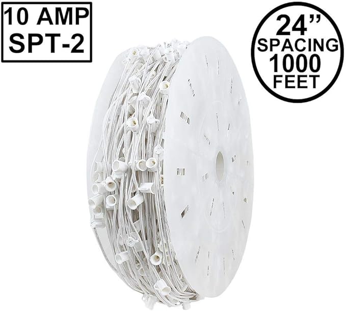 Novelty Lights 1,000 Feet C7/E12 Socketed Wire Spool, 24 Inch Spacing, White Wire 10 Amp SPT-2 Commercial Grade | Lumora