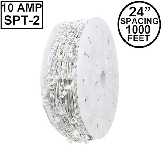 Novelty Lights 1,000 Feet C7/E12 Socketed Wire Spool, 24 Inch Spacing, White Wire 10 Amp SPT-2 Commercial Grade Reel for Cutting Custom Lengths, Indoor/Outdoor Holiday Patio Pergola Lighting