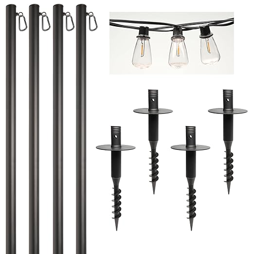 EXCELLO GLOBAL PRODUCTS Premium String Light Pole 4 Pack with 100' of LED Edison Bulb String - Outdoor Path Light | Lumora