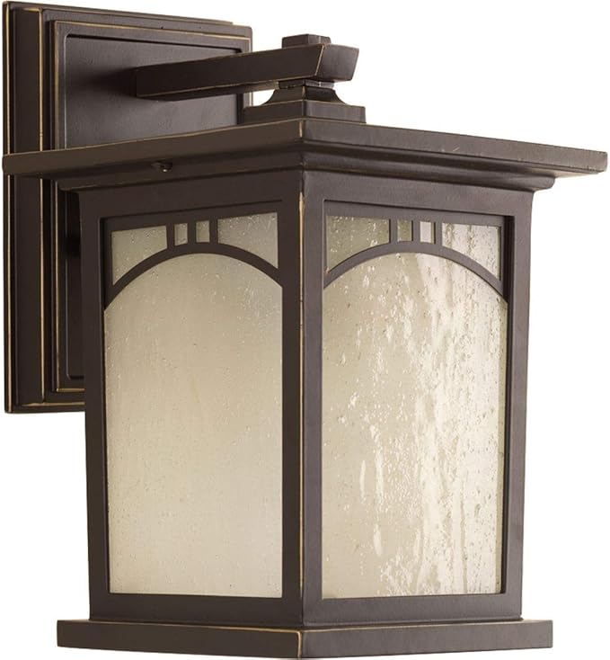 Progress Lighting Residence Collection 1-Light Umber Textured Art Glass Craftsman Outdoor Small Wall Lantern Light Antique Bronze, 6"