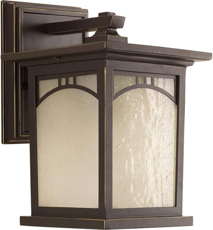 Progress Lighting Residence Collection 1-Light Umber Textured Art Glass Craftsman Outdoor Small Wall Lantern Light Antique Bronze, 6"