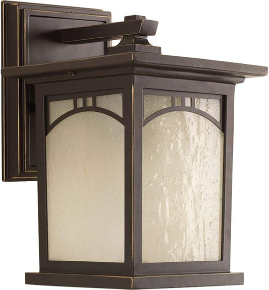 Progress Lighting Residence Collection 1-Light Umber Textured Art Glass Craftsman Outdoor Small Wall Lantern Light Antique Bronze, 6"