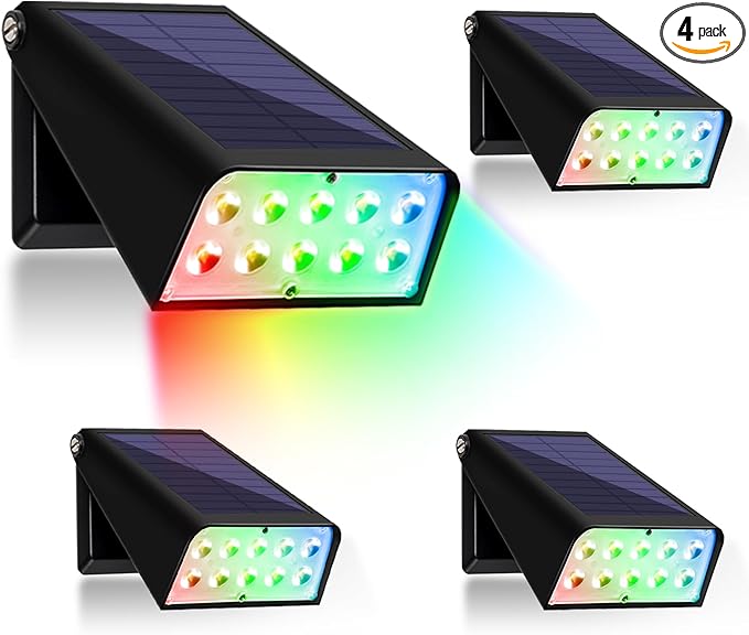 4 Pack Solar Fence Lights Outdoor Waterproof Led,6 Modes RGBW Color Changing,90° Adjustable Solar Powered Wall Lights Up and Down Waterproof IP65 for Porch Backyard Patio Pool Garden.
