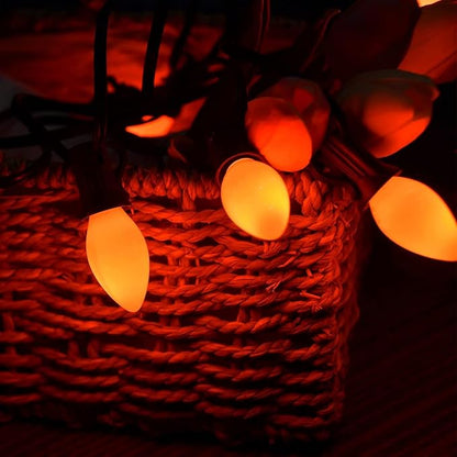 C9 Halloween String Lights, 25Ft Outdoor Orange String Light with 26 Clear Orange Bulbs(1 Spare), Halloween Lights for Indoor Outdoor Party Holiday Lighting Decor, Black Wire
