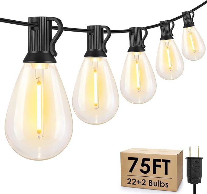 75FT LED Outdoor String Lights S11 Dimmable Patio Light, with 22+2 Waterproof Shatterproof Edison 2700K Bulbs for Outside Backyard Deck, Black