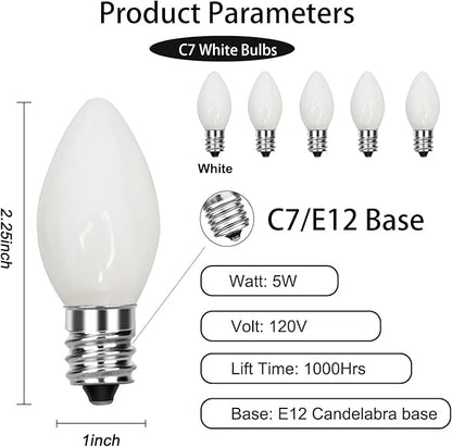 GOOTHY 25 Pack C7 White Replacement Bulbs, Ceramic C7 Incandescent Light Bulbs for Christmas Outdoor Patio Indoor String Lights, C7/E12 Candelabra Base, 5 Watt Night Light Bulbs- White