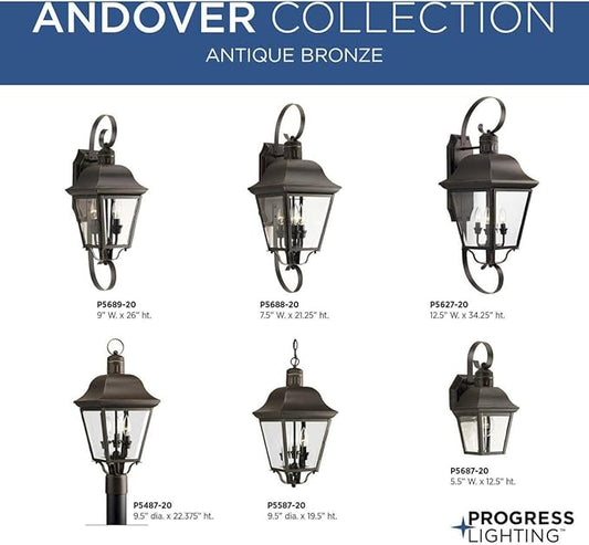 Progress Lighting Andover Collection 3-Light Clear Beveled Glass Farmhouse Outdoor Large Wall Lantern Light Antique Bronze