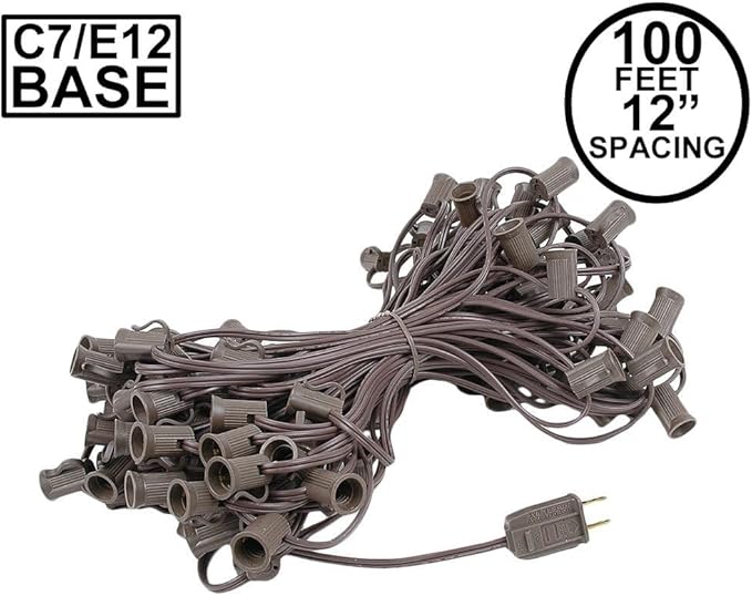 Novelty Lights 100 Foot C7 Outdoor String Light Christmas Stringer - Patio String Lights - Candelabra Base (C7/E12) - 12" Spacing - Brown Wire
