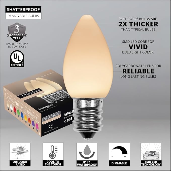 Wintergreen Lighting 50 Opticore LED Commercial C7 Warm White Christmas Lights Vintage Style Smooth Opaque Finish, for Home, Patio, Party Display, Heavy Duty Green Wire (50 ft)