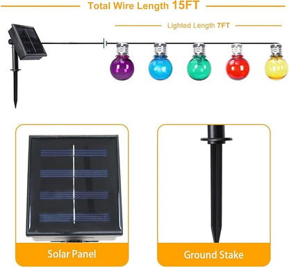Afirst Solar Colored String Lights 15FT with 15 LED Bulbs Waterproof Christmas Lights for Patio Holiday Party