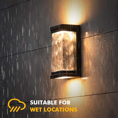 LUTEC 1000 Lumen Outdoor LED Wall Light Fixture, Dusk to Dawn Porch Light Wall Sconce with Seeded Glass, Matte Black Wall Lantern Exterior Lighting for House Backyard Patio, 3000K