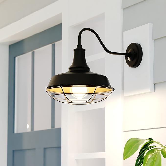 VAXCEL Dorado 10.25 in. H 1-Light Dark Bronze and Light Gold Dusk to Dawn Sensor Industrial Outdoor Wall Sconce, Gooseneck Metal Shade, LED Compatible for Exterior Porch Patio Front Door or Garage