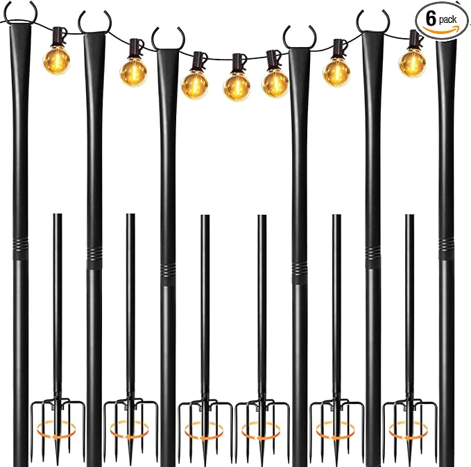 6 Pack String Light Poles for Outside, Heavy-Duty Metal Poles for Outdoor String Lights with Fork, Adjustable | Lumora
