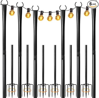 6 Pack String Light Poles for Outside, Heavy-Duty Metal Poles for Outdoor String Lights with Fork, Adjustable Lighting Hanging Accessories for Patio Decor Pergola Backyard Garden Outside Decorations