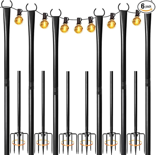 6 Pack String Light Poles for Outside, Heavy-Duty Metal Poles for Outdoor String Lights with Fork, Adjustable Lighting Hanging Accessories for Patio Decor Pergola Backyard Garden Outside Decorations