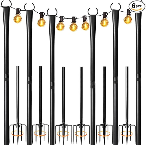 6 Pack String Light Poles for Outside, Heavy-Duty Metal Poles for Outdoor String Lights with Fork, Adjustable | Lumora