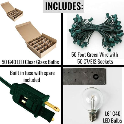 Hometown Evolution, Inc. G40 LED Warm White Outdoor Patio String Lights with 0.6 Watt Bulbs (G40 LED 3 Diode - Green Wire, 50 ft)