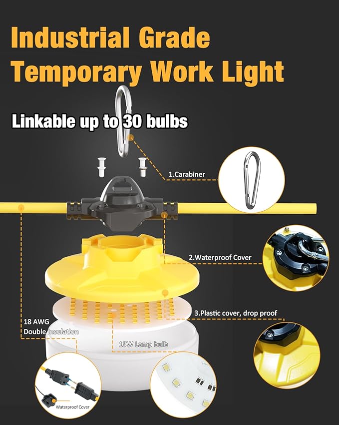 100FT LED Construction String Lights 3 Prong, 130W 16000Lm LED String Work Lights - Outdoor Security Flood Light | Lumora