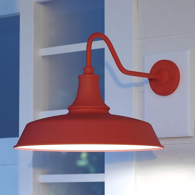VAXCEL Dorado 12.25 in. H 1-Light Red and White Dusk to Dawn Sensor Farmhouse Outdoor Wall Sconce, Gooseneck Steel Shade, LED Compatible, Dark Sky Compliant for Porch Patio Front Door or Garage