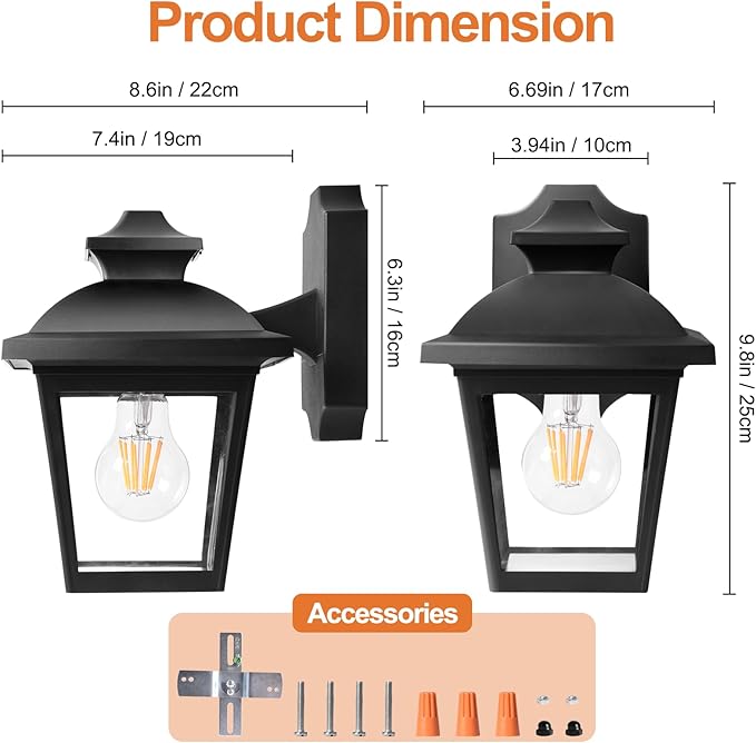 FUDESY Outdoor Wall Lanterns, 3000K Dimmable LED Edison FilamentBulb Included, Anti-Corrosion Plastic Materials, Black, P746-E26