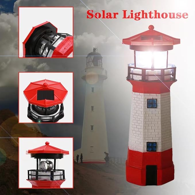 Red Solar Lighthouse, Rotating LED Lighthouse Decorative Lights, Courtyard Waterproof Landscape Lights, Outdoor Solar Lights Resin Crafts As Gifts for Friends.