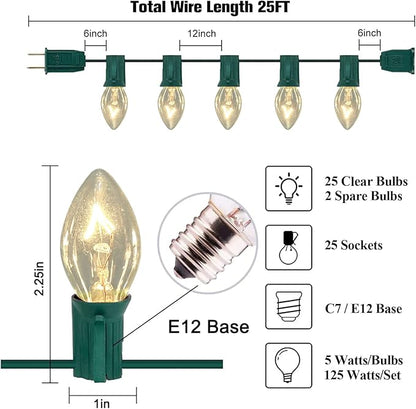 C7 Christmas Lights 25Ft Outdoor Christmas String Light, Stranger Things Lights with 27 Clear Warm White Bulbs, Vintage String Light for Garden Patio Tree Decoration, Green Wire