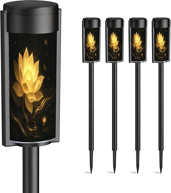 4 Pack Solar Pathway Lights Outdoor Waterproof Black Gold Lotus Flower Yellow Golden Floral Glowing Petals Sparkles Solar Garden Lights LED Landscape Lighting for Yard Walkway Lawn Garden Decor