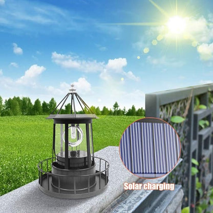 LED Solar Rotating Lighthouse Light for Outdoor Garden Decoration - Lantern for Pathway, Patio, Courtyard (Black)