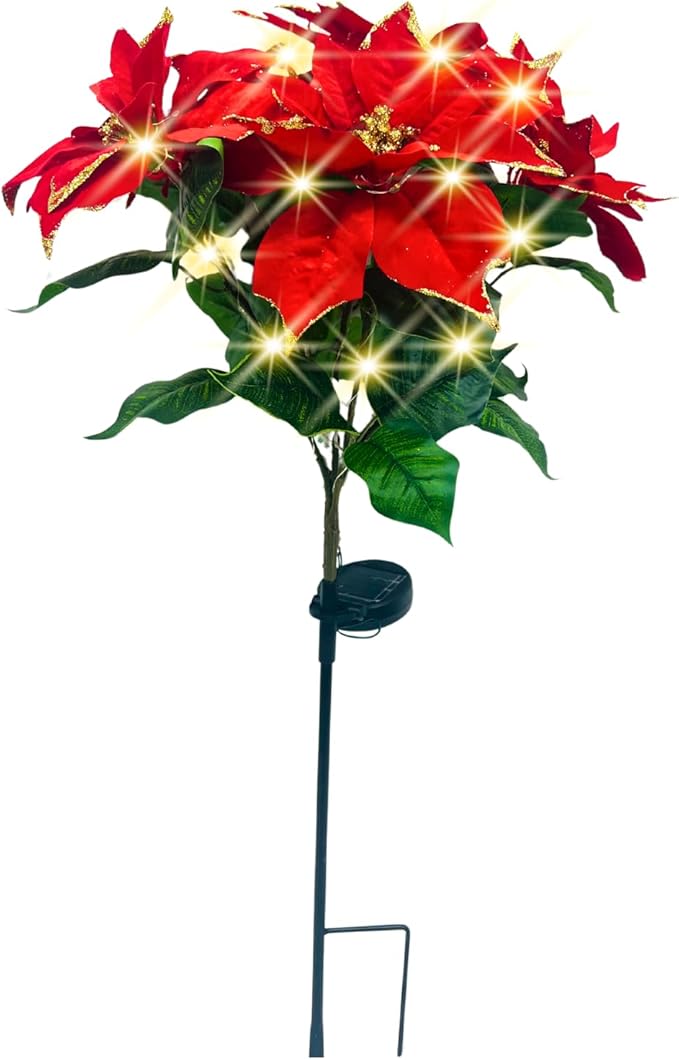Waterproof Solar Poinsettia Flowers Lights - Landscape Lighting Stakes With 50 LED for Christmas Pathway Garden Yard Lawn Outdoor Decoration
