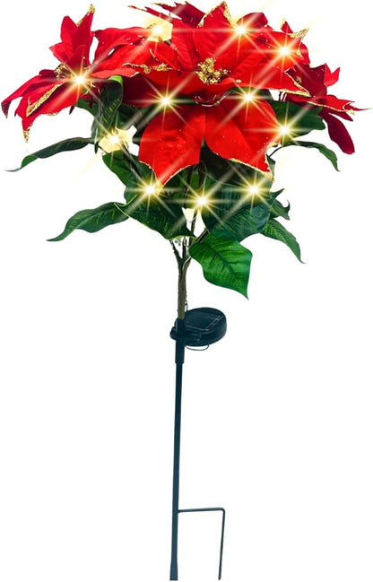 Waterproof Solar Poinsettia Flowers Lights - Landscape Lighting Stakes With 50 LED for Christmas Pathway Garden Yard Lawn Outdoor Decoration