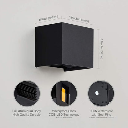 LANFU Aluminum 40W 3000K Cube Square Indoor Outdoor IP65 Waterproof Wall Lights Black Modern Wall Sconce LED Lighting Fixture Black 40W Larger Outside for Patio House