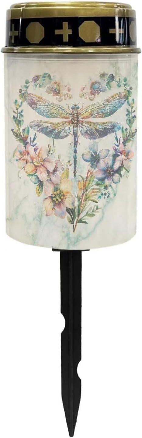 Dragonfly Floral Solar Pathway Lights Outdoor Waterproof Garden Solar Lights Solar Cemetery Lights for Grave Weather Resistant Memorial Garden Stake Cross Lights for Grave