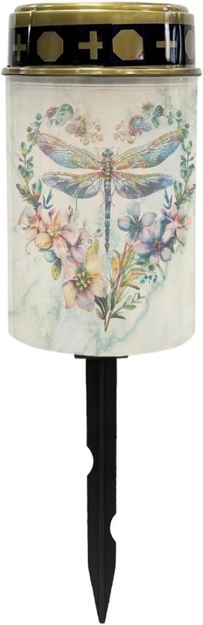 Dragonfly Floral Solar Pathway Lights Outdoor Waterproof Garden Solar Lights Solar Cemetery Lights for Grave Weather Resistant Memorial Garden Stake Cross Lights for Grave