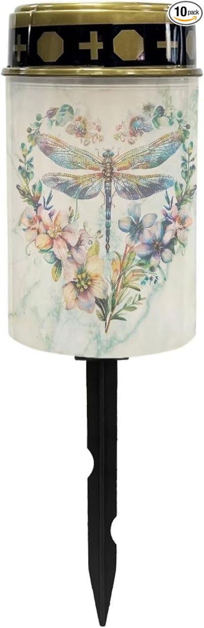 Dragonfly Floral Solar Pathway Lights Outdoor Waterproof Garden Solar Lights Solar Cemetery Lights for Grave Weather Resistant Memorial Garden Stake Cross Lights for Grave
