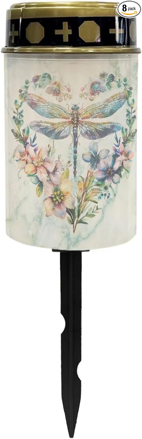 Dragonfly Floral Solar Pathway Lights Outdoor Waterproof Garden Solar Lights Solar Cemetery Lights for Grave Weather Resistant Memorial Garden Stake Cross Lights for Grave