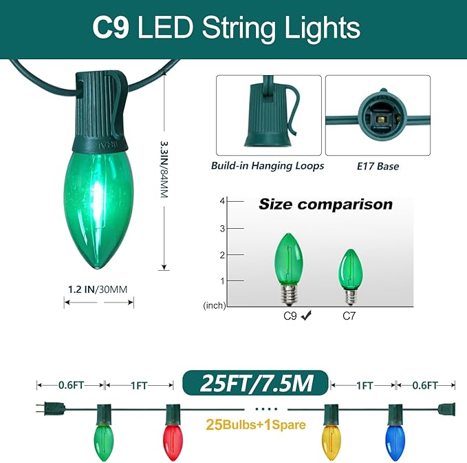 C9 Christmas String Lights, 25FT 26 Bulbs Bright & Multicolor Outdoor Christmas Lights, Outdoor Indoor Xmas Roofline Backyard Garden Patio Home Holiday Decor, Waterproof Extendable Green Wire