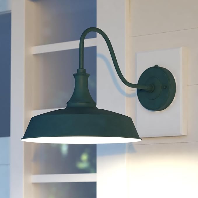 VAXCEL Dorado 11.5 in. H 1-Light Hunter Green and White Dusk to Dawn Sensor Farmhouse Outdoor Wall Sconce, Gooseneck Steel Shade, Dark Sky Compliant for Exterior Porch Patio Front Door or Garage